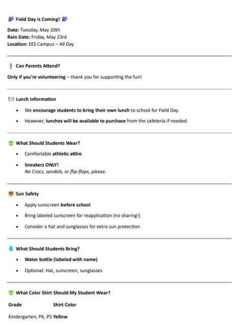 This lists what items to bring and how to best plan for Field Day.